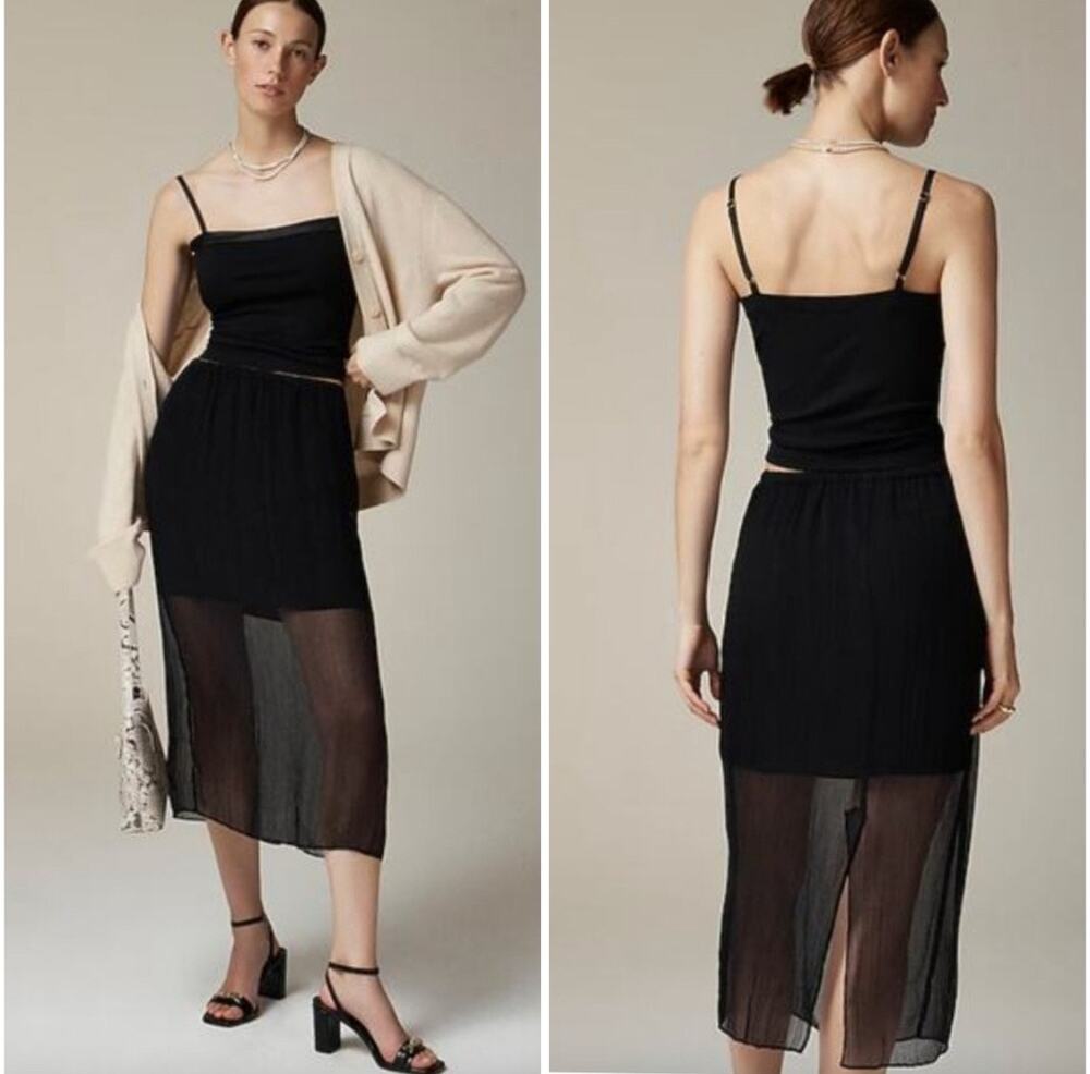 J Crew Gwenyth Layered Slip Crinkled Chiffon Midi Skirt Black Small